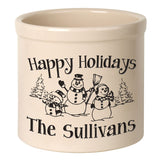 Whitehall Snowman Family 2 Gallon Stoneware Personalized Crock - Bristol Crock, Black Engraving