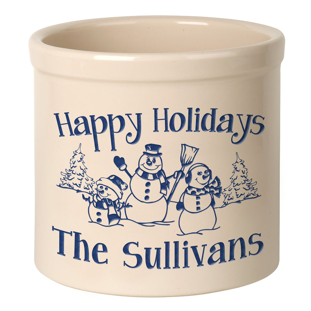 Whitehall Snowman Family 2 Gallon Stoneware Personalized Crock - Bristol Crock, Blue Engraving