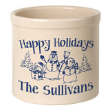 Whitehall Snowman Family 2 Gallon Stoneware Personalized Crock - Bristol Crock, Blue Engraving
