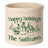 Whitehall Snowman Family 2 Gallon Stoneware Personalized Crock - Bristol Crock, Green Engraving