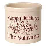 Whitehall Snowman Family 2 Gallon Stoneware Personalized Crock - Bristol Crock, Red Engraving