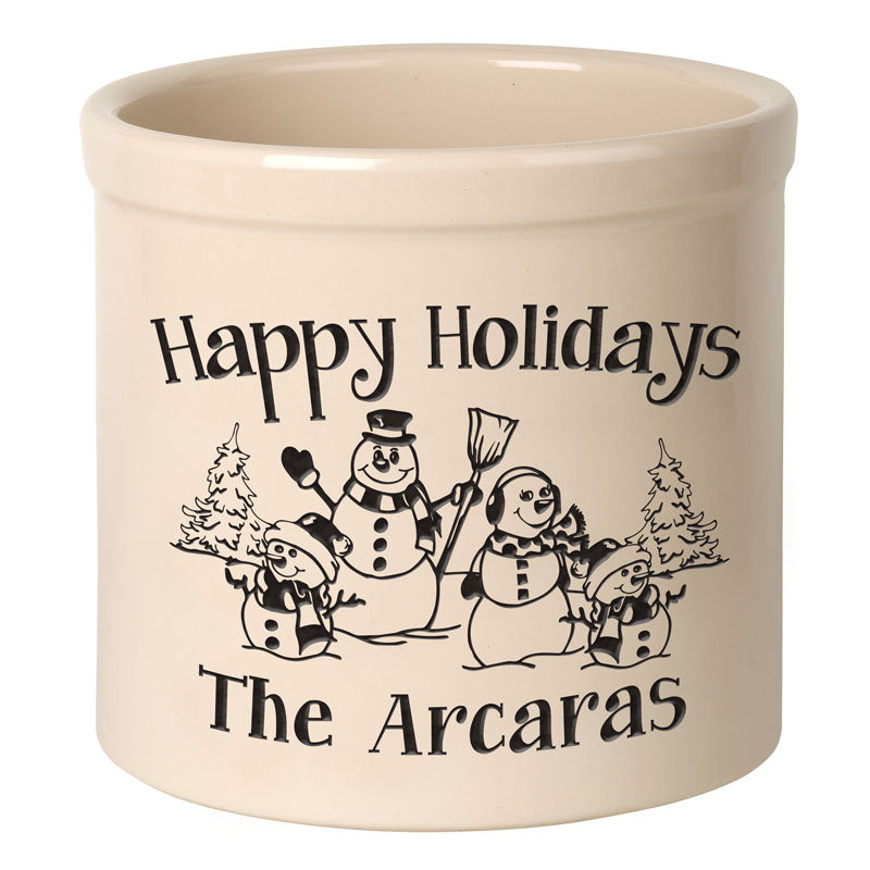 Whitehall Snowman Family Two Child 2 Gallon Stoneware Personalized Crock - Bristol Crock, Black Engraving