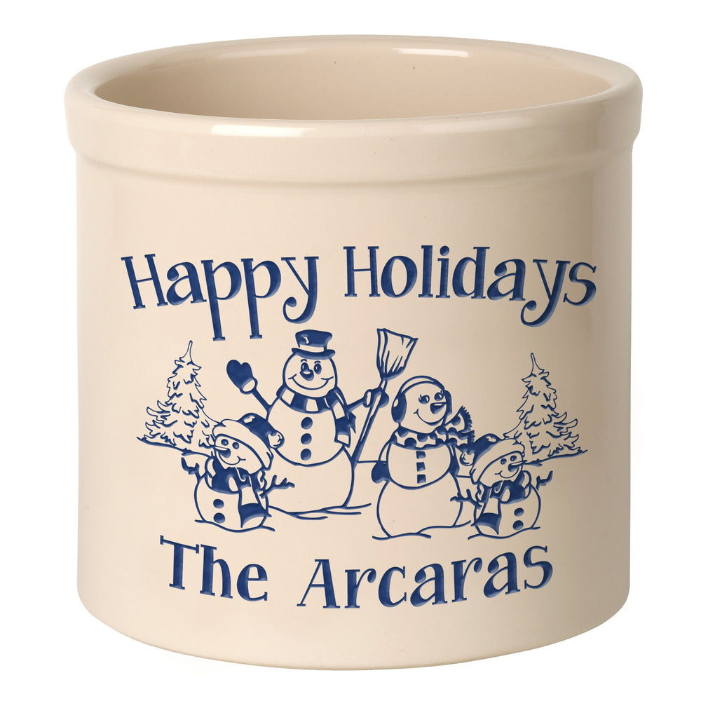 Whitehall Snowman Family Two Child 2 Gallon Stoneware Personalized Crock - Bristol Crock, Blue Engraving