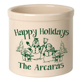 Whitehall Snowman Family Two Child 2 Gallon Stoneware Personalized Crock - Bristol Crock, Green Engraving