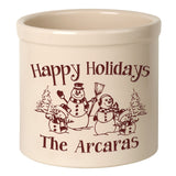 Whitehall Snowman Family Two Child 2 Gallon Stoneware Personalized Crock - Bristol Crock, Red Engraving