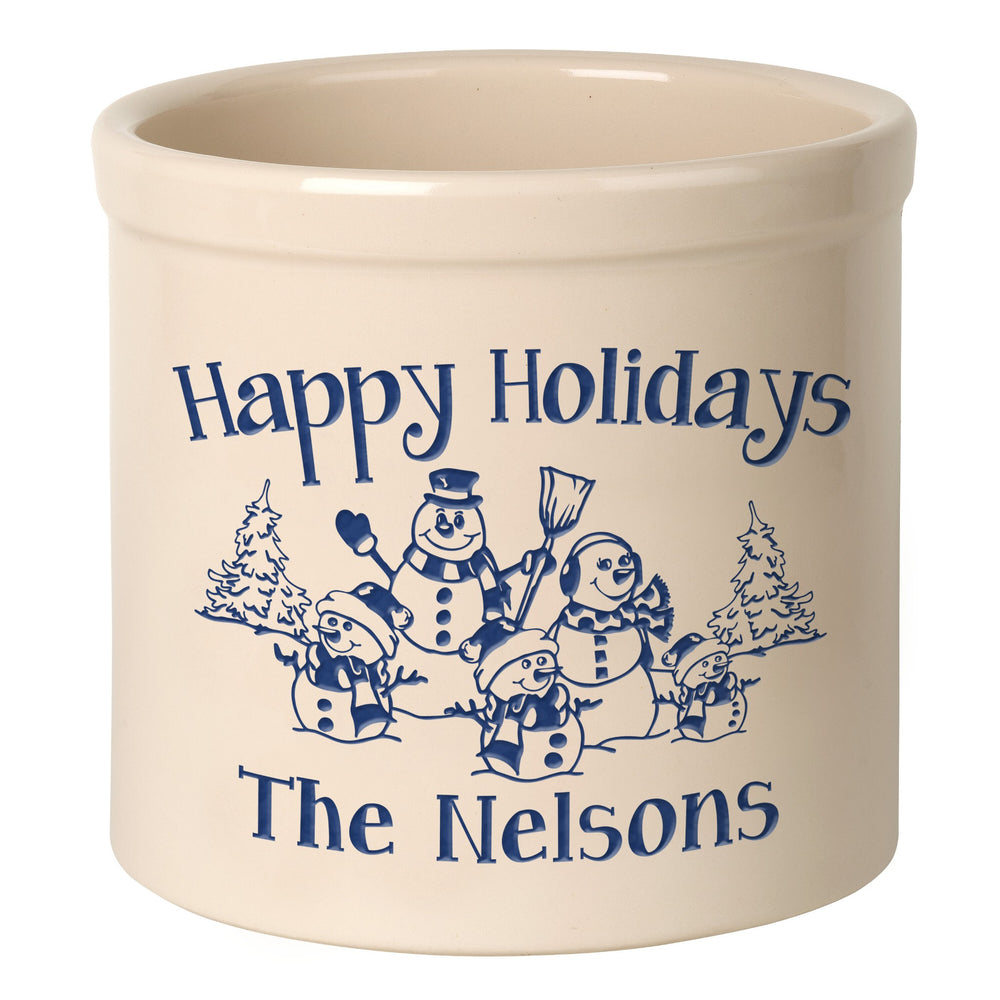 Whitehall Snowman Family Three Child 2 Gallon Stoneware Personalized Crock - Bristol Crock, Blue Engraving