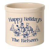 Whitehall Snowman Family Three Child 2 Gallon Stoneware Personalized Crock - Bristol Crock, Blue Engraving