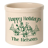 Whitehall Snowman Family Three Child 2 Gallon Stoneware Personalized Crock - Bristol Crock, Green Engraving