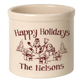 Whitehall Snowman Family Three Child 2 Gallon Stoneware Personalized Crock - Bristol Crock, Red Engraving