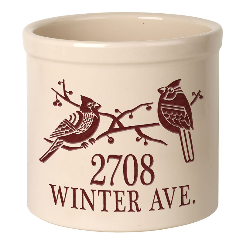 Whitehall Duo Deco Cardinal 2 Gallon Stoneware Personalized Crock - Bristol Crock, Red Engraving