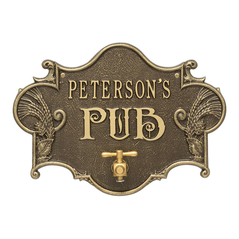 Whitehall Hops & Barley Beer Pub Personalized Plaque - Antique Brass