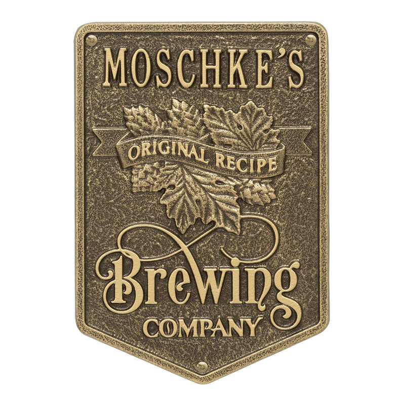 Whitehall Original Recipe Brewing Company Beer Personalized Plaque, Standard Wall 1-Line - Antique Brass
