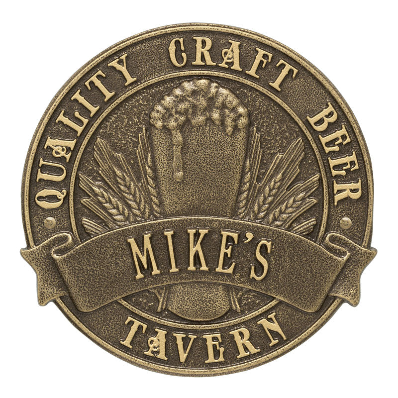 Whitehall Quality Craft Beer Tavern Round Personalized Plaque, Standard Wall 1-Line - Antique Brass