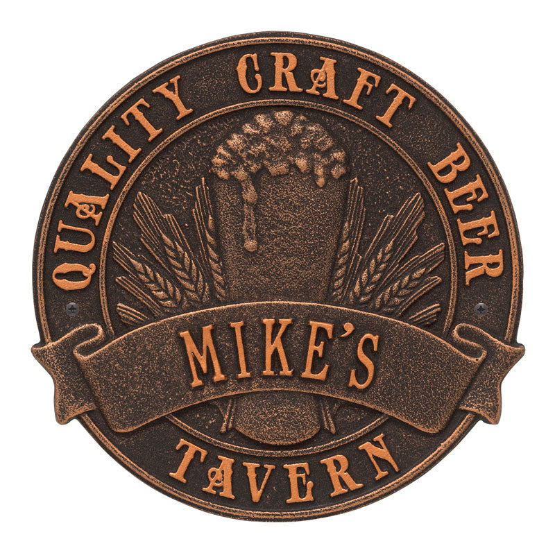 Whitehall Quality Craft Beer Tavern Round Personalized Plaque, Standard Wall 1-Line - Oil-Rubbed Bronze
