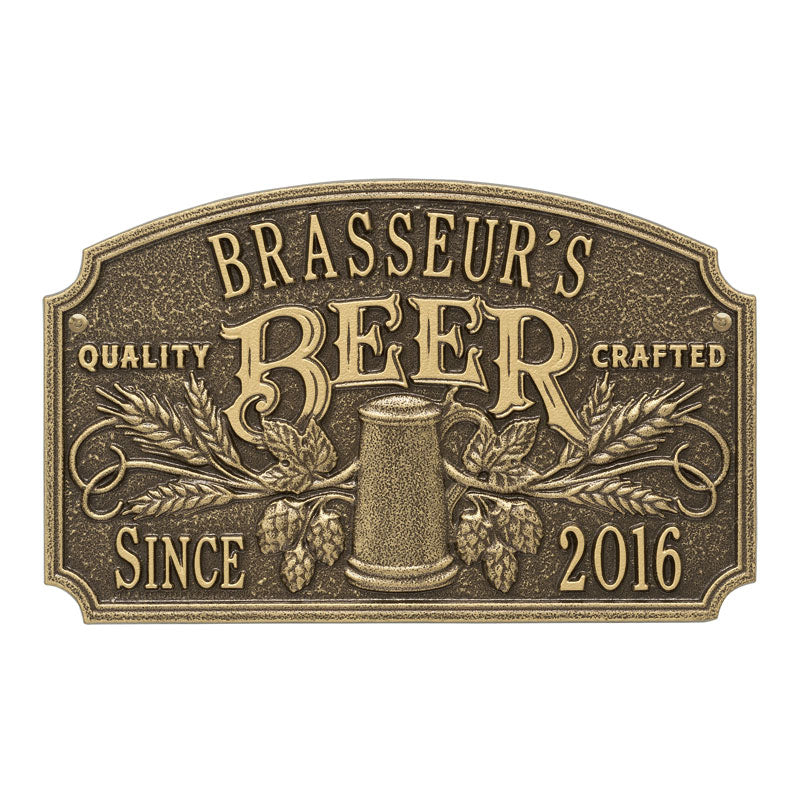 Whitehall Quality Crafted Beer Arch Personalized Plaque with Since Date, Standard Wall 2-Line - Antique Brass