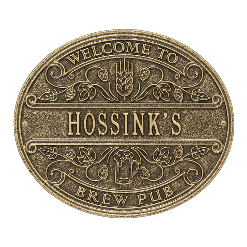 Whitehall Brew Pub Welcome Personalized Plaque, Standard Wall 1-Line - Antique Brass