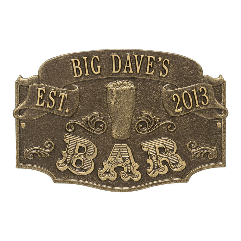 Whitehall Established Bar Personalized Plaque, Standard Wall 1-Line - Antique Brass
