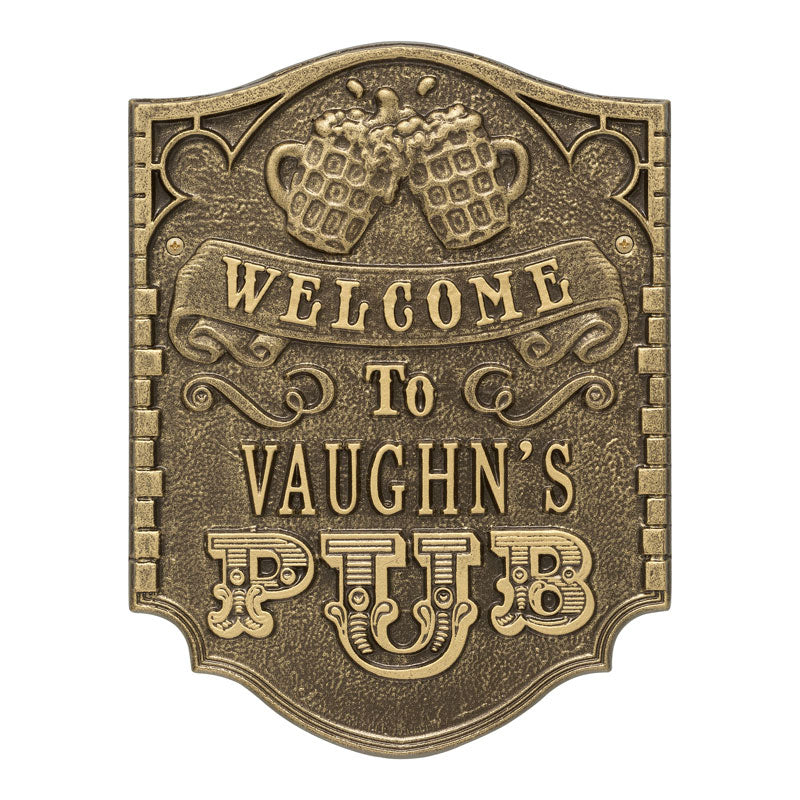 Whitehall Pub Welcome Personalized Plaque, Standard Wall 1-Line - Antique Brass