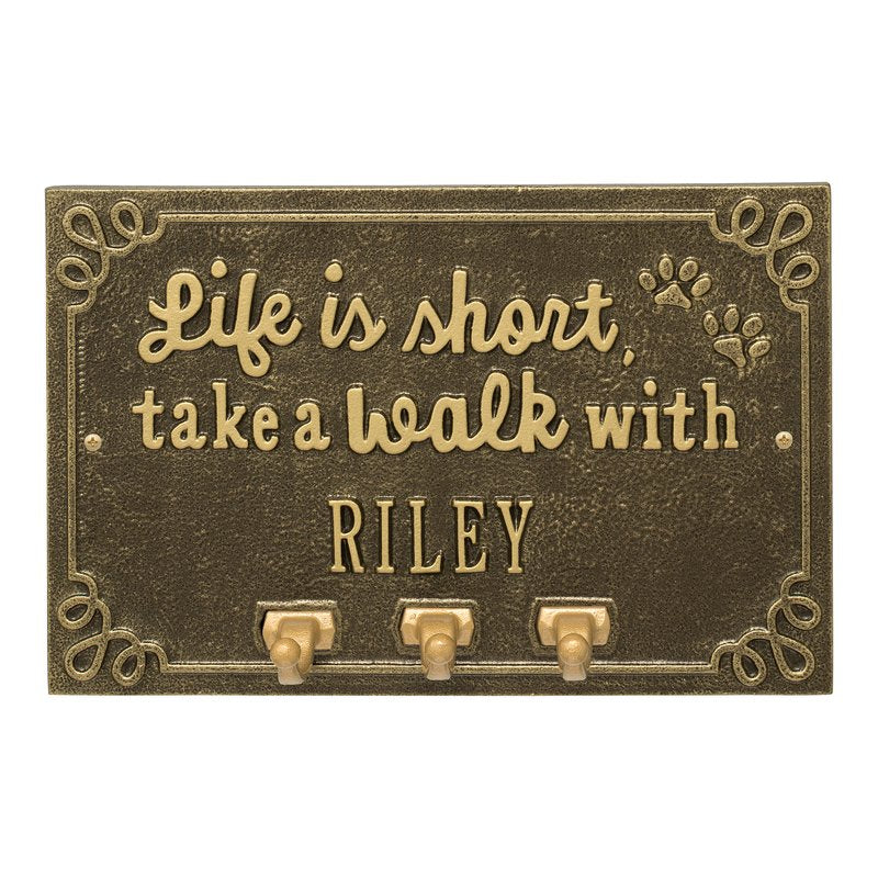 Whitehall Life Is Short Take a Walk Wall Personalized Sign with Leash Hooks - Antique Brass