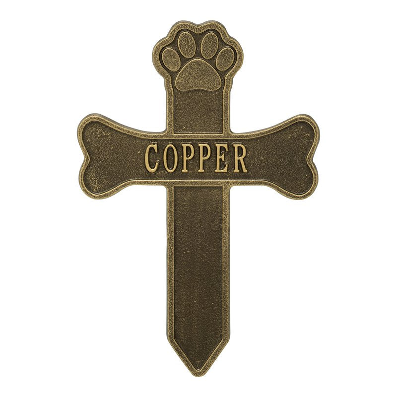 Whitehall Dog Paw and Bone Memorial Cross Personalized Plaque - Antique Brass