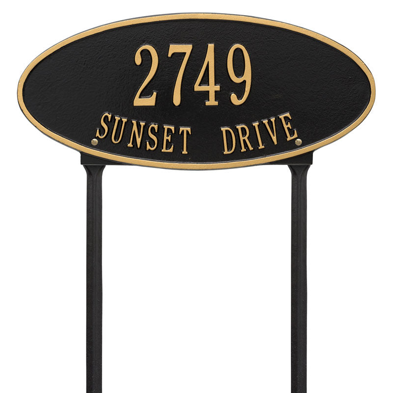 Whitehall Madison Oval Standard Lawn 2-Line Personalized Address Plaque - Black/Gold