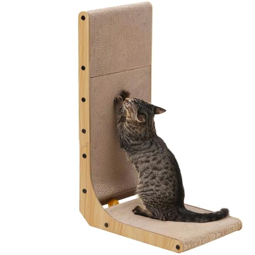 FUKUMARU Cat Scratcher, 26.8 Inch L Shape Cat Scratch Pad Wall Mounted, Cat Scratching Cardboard with Ball Toy for Indoor Cats, Large Size