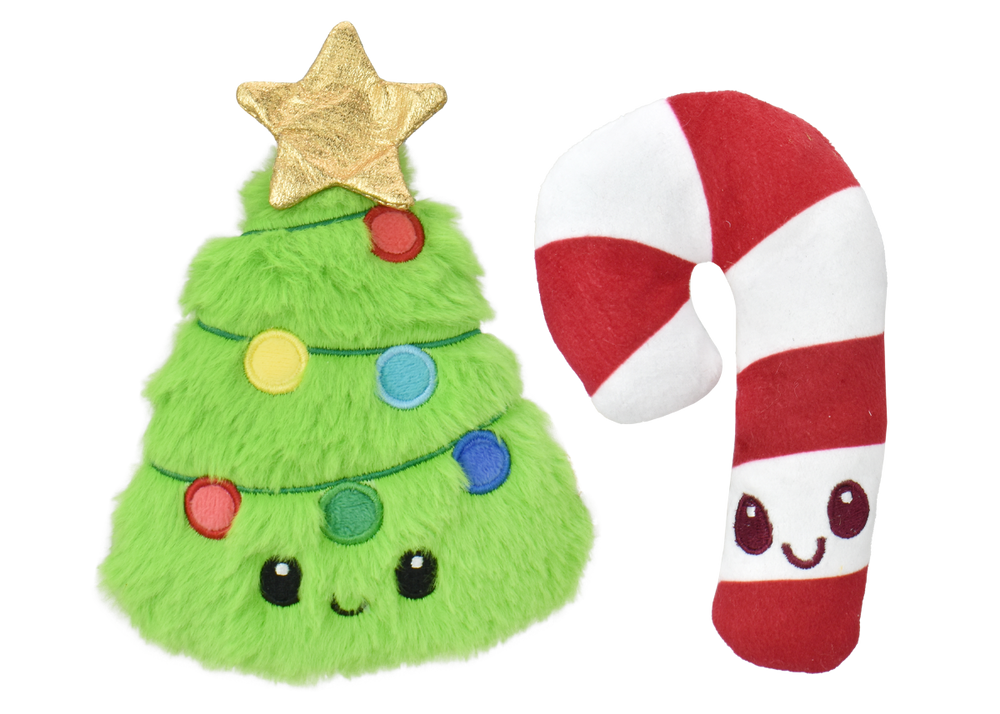 Multipet Holiday Minipet Candy Cane and Tree Pet Toy, 5", 2-Pack