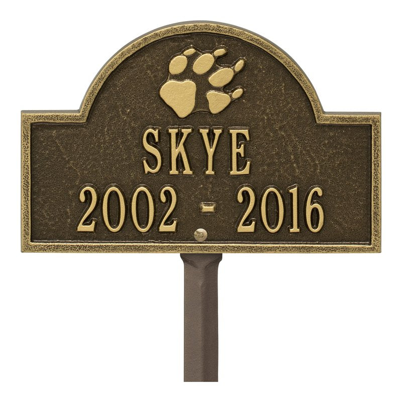 Whitehall Dog Paw Arch Mini 2-Line Lawn Personalized Plaque - Antique Brass