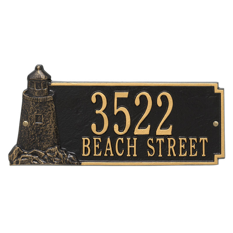 Whitehall Lighthouse Rectangle 2-Line Personalized Address Plaque - Black/Gold