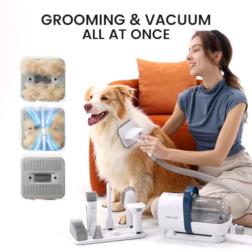 oneisall Dog Hair Vacuum & Dog Grooming Kit, Pet Grooming Vacuum with Pet Clipper Nail Grinder, 1.5L Dust Cup Dog Brush Vacuum with 7 Pet Grooming Tools for Shedding Pet Hair, Home Cleaning