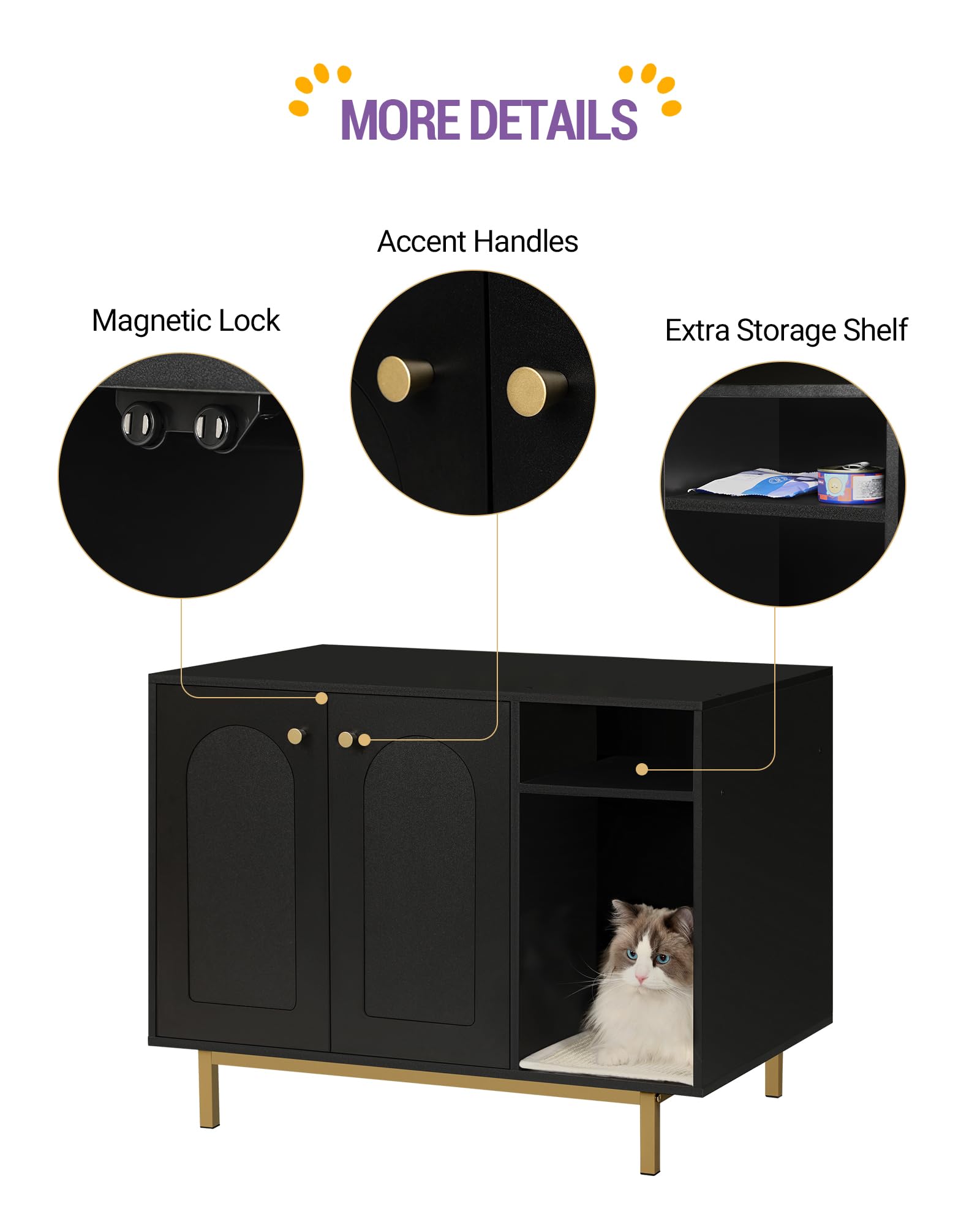 Hzuaneri Cat Litter Box Enclosure, Hidden Litter Box Furniture, Wooden Pet House Side End Table, Storage Cabinet Bench for Living Room, Bedroom, 31.5 x 19.7 x 23.9 inches, Black and Gold CB01504G