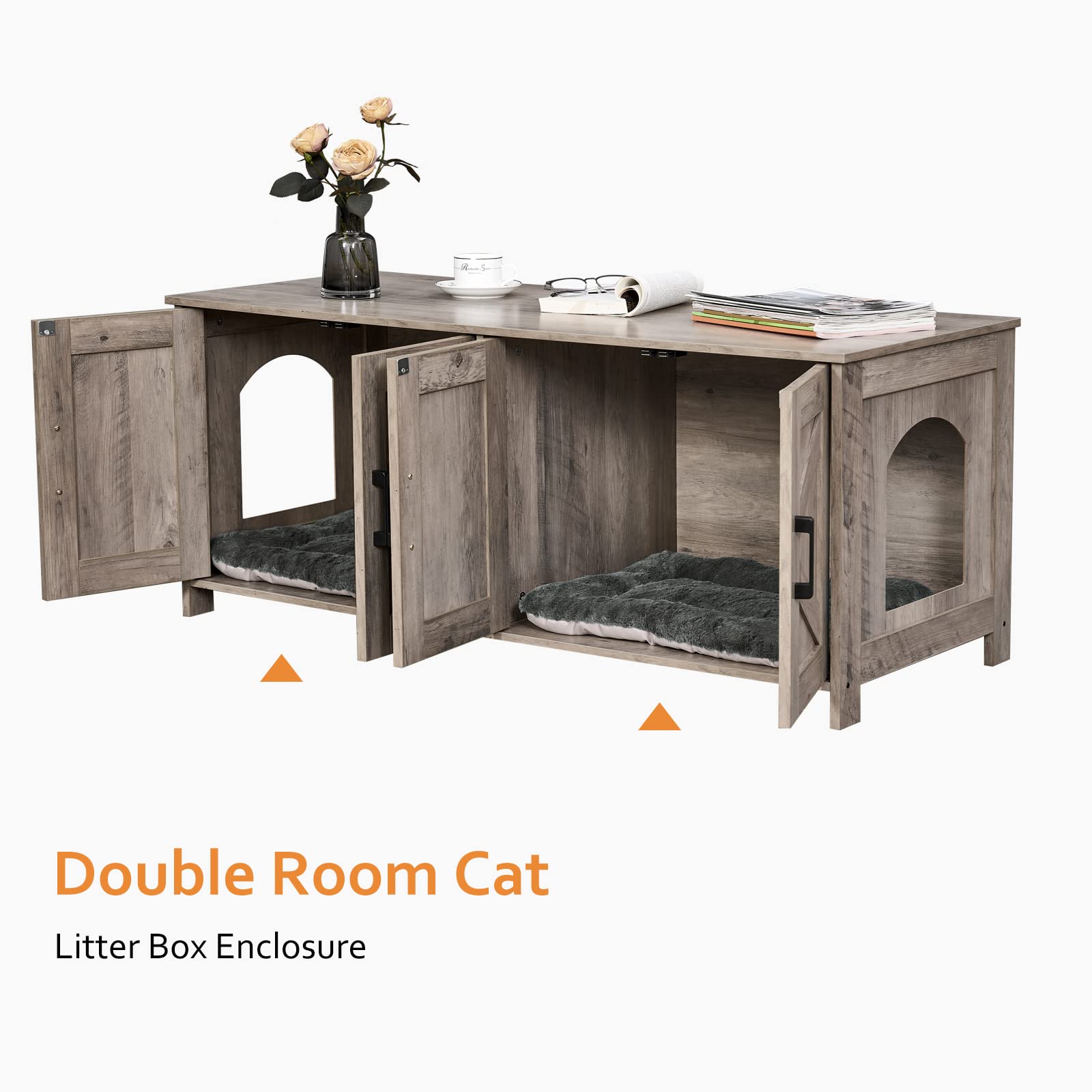 Homhedy Cat Litter Box Enclosure for 2 cats, Litter Box Furniture Hidden with Double Room,Wooden Cat Washroom Furniture,Cat House,47.2”L x 19.7”W x 19.7”H,Greige