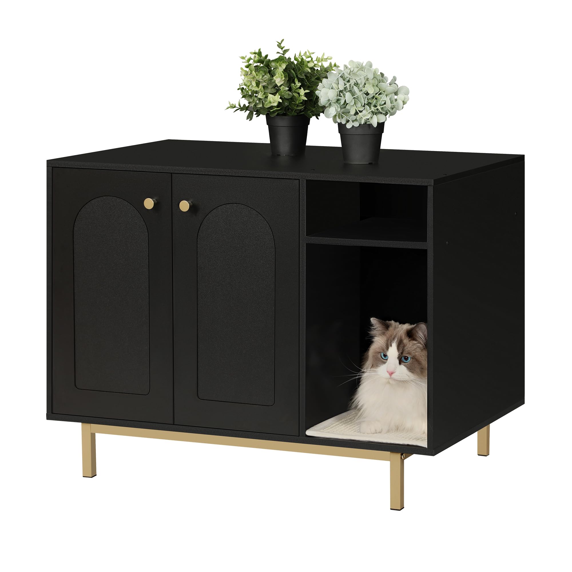 Hzuaneri Cat Litter Box Enclosure, Hidden Litter Box Furniture, Wooden Pet House Side End Table, Storage Cabinet Bench for Living Room, Bedroom, 31.5 x 19.7 x 23.9 inches, Black and Gold CB01504G