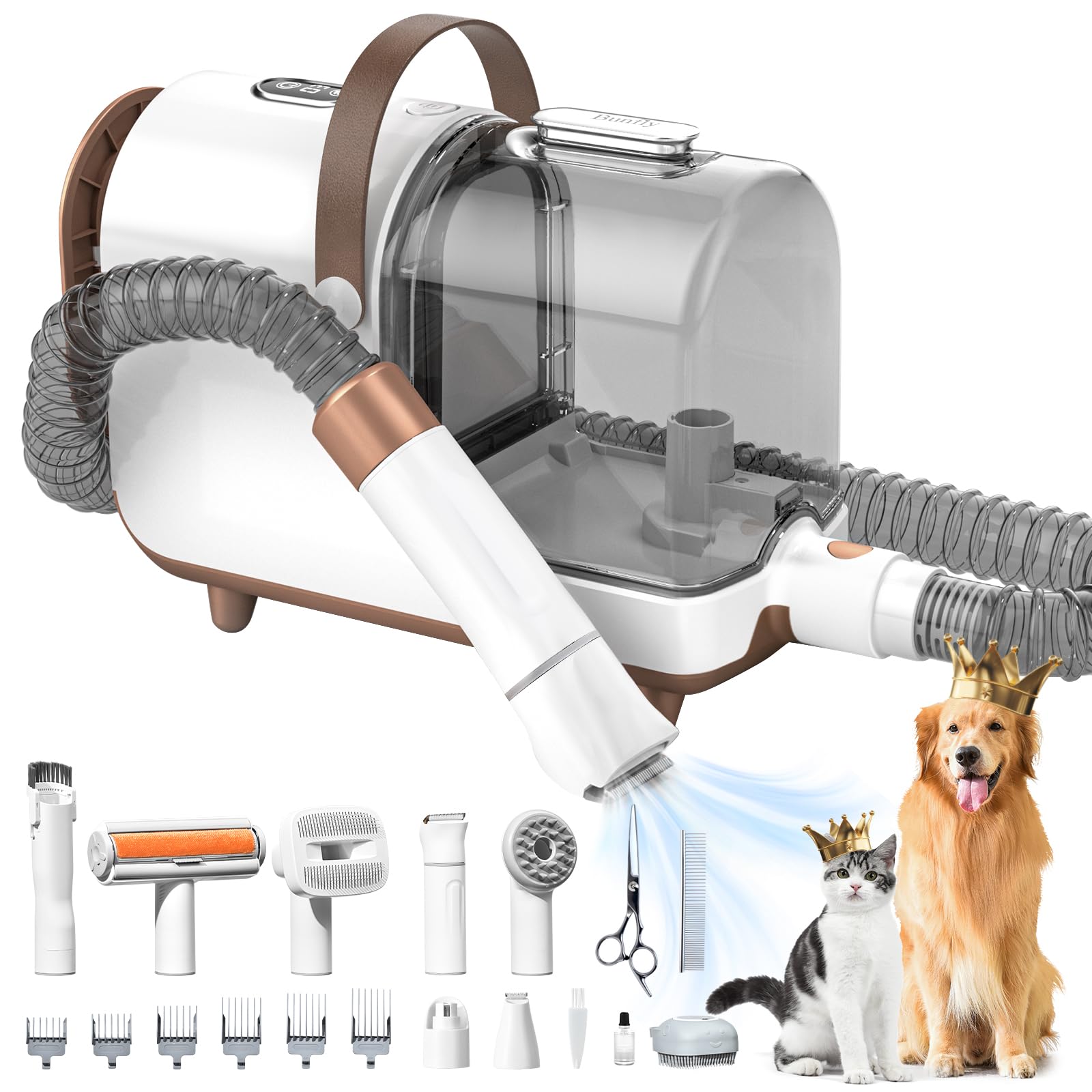 Bunfly Dog Grooming Kit,3L Large Capacity Dust Cup,13000Pa Strong Grooming & Vacuum Suction 99.99% Pet Hair, 15 Pet Grooming Tools for Dogs and Cats, Quiet Pet Vacuum Groomer, Brown