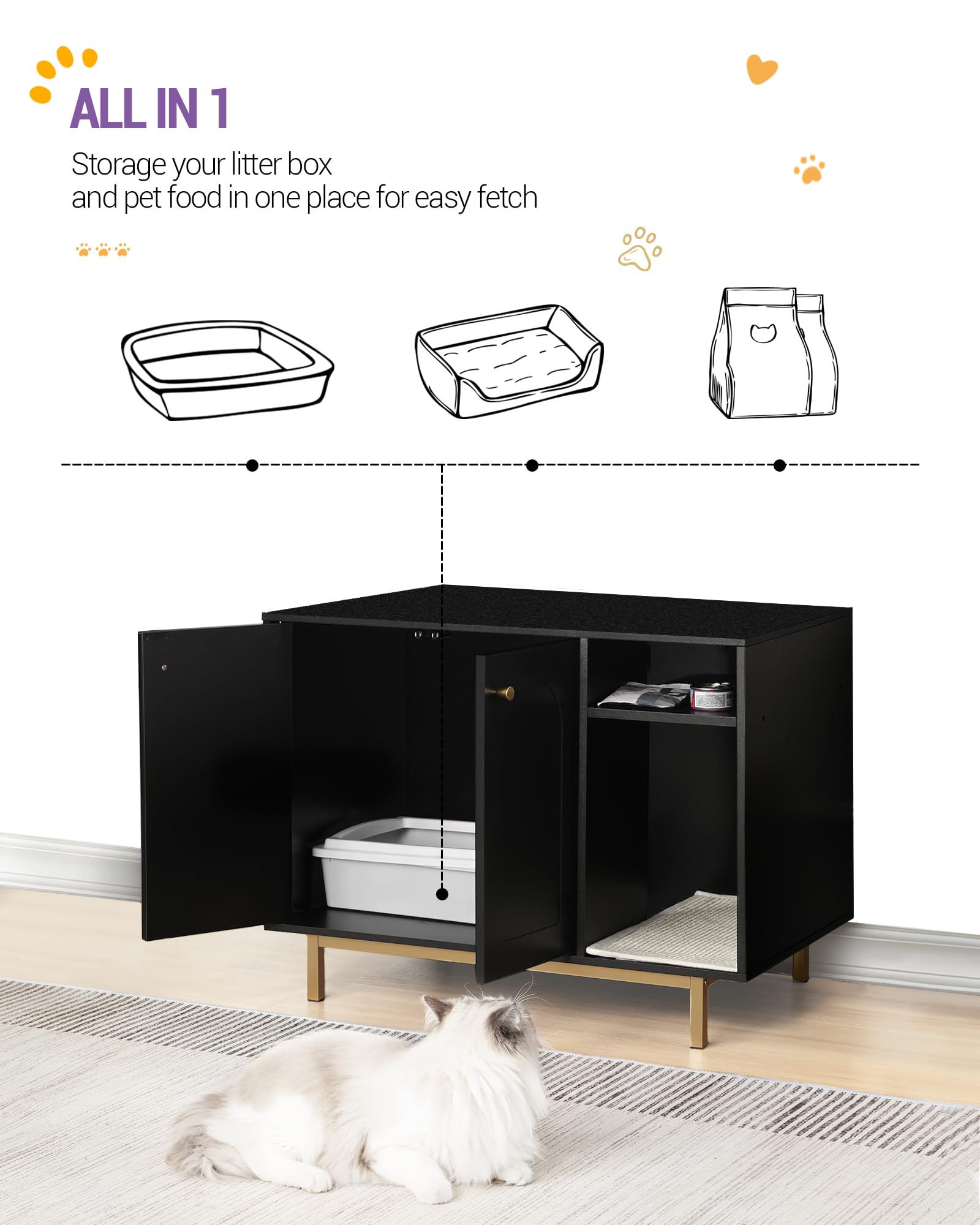 Hzuaneri Cat Litter Box Enclosure, Hidden Litter Box Furniture, Wooden Pet House Side End Table, Storage Cabinet Bench for Living Room, Bedroom, 31.5 x 19.7 x 23.9 inches, Black and Gold CB01504G