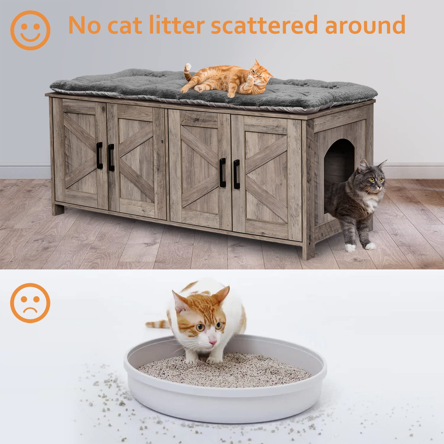 Homhedy Cat Litter Box Enclosure for 2 cats, Litter Box Furniture Hidden with Double Room,Wooden Cat Washroom Furniture,Cat House,47.2”L x 19.7”W x 19.7”H,Greige