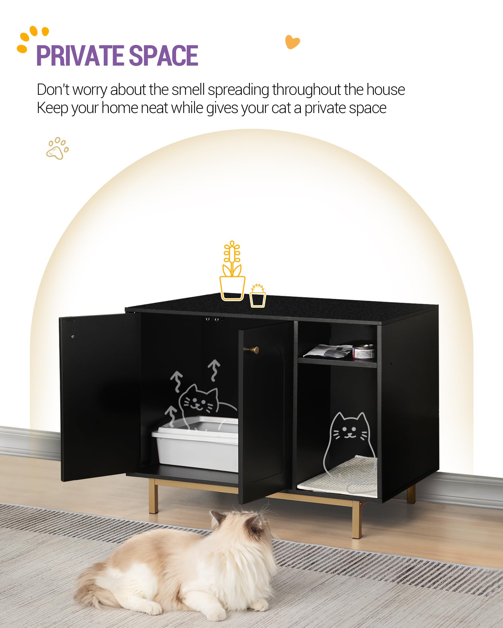 Hzuaneri Cat Litter Box Enclosure, Hidden Litter Box Furniture, Wooden Pet House Side End Table, Storage Cabinet Bench for Living Room, Bedroom, 31.5 x 19.7 x 23.9 inches, Black and Gold CB01504G