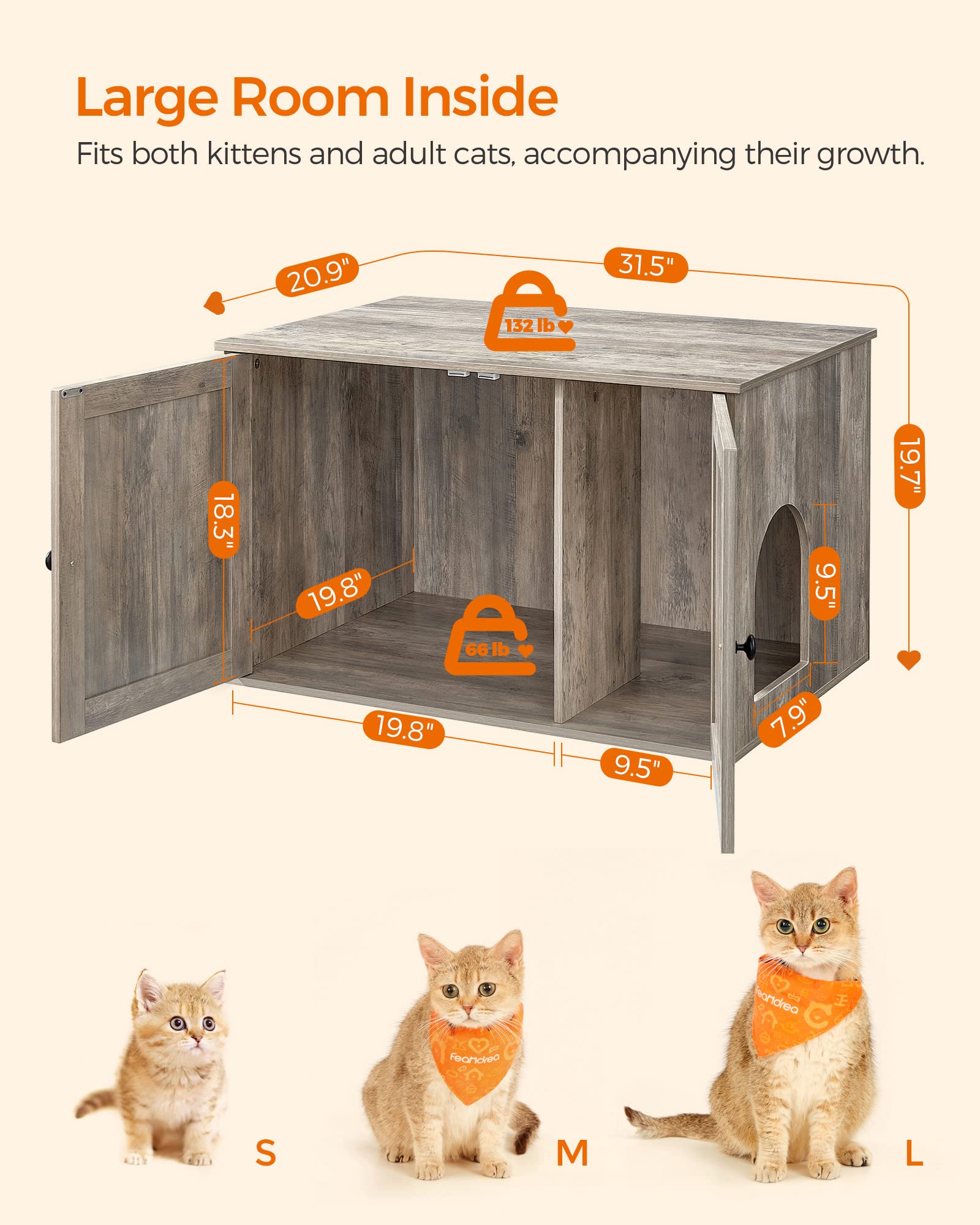 Feandrea Cat Litter Box Enclosure, Litter Box Furniture Hidden with Removable Divider, Indoor Cat House, End Table, 31.5 x 20.9 x 19.7 Inches, Greige UPCL002G01