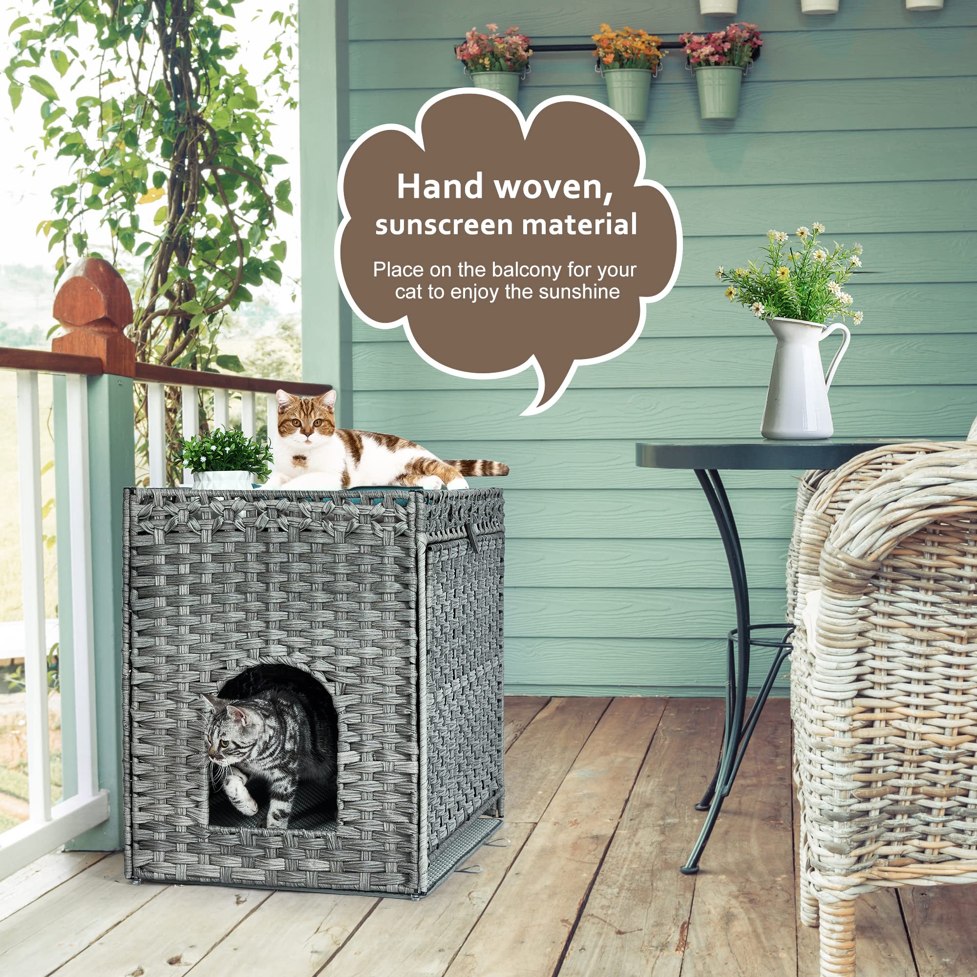 Cat Litter Box Enclosure with Soft Litter Mat; Hidden Washroom Furniture with Door; Handwoven Rattan Cat House with Large Space; Pet Crate for Living Room, Bedroom, Balcony (Grey)