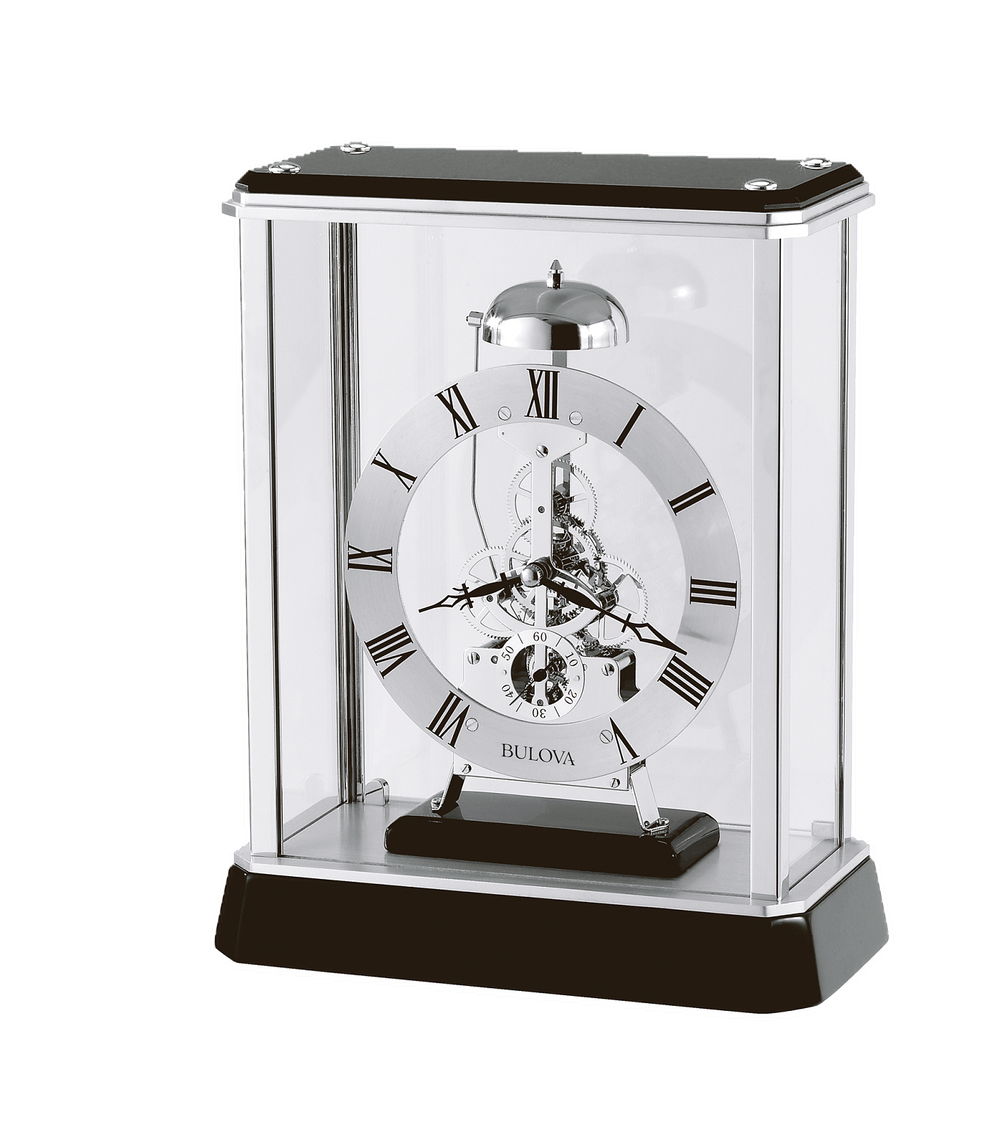 Bulova B2023 Vantage Black Piano Finish Skeleton Mantel Tabletop Clock