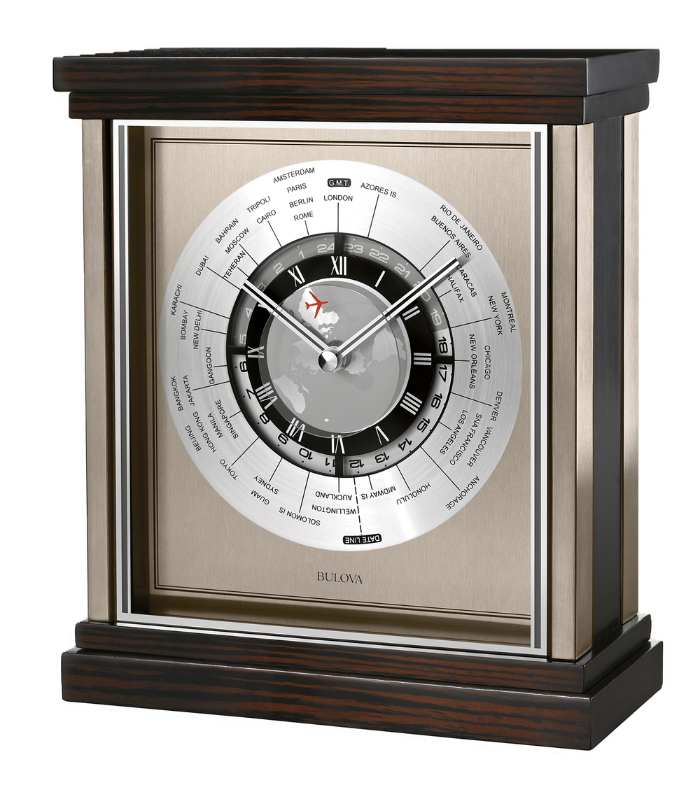 Bulova B2258 Wyndmere Zebra Wood World Time Mantel Tabletop Clock