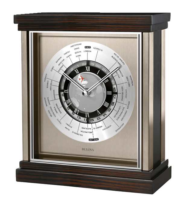 Bulova / Citizen Bulova B2258 Wyndmere Zebra Wood World Time Mantel Tabletop Clock