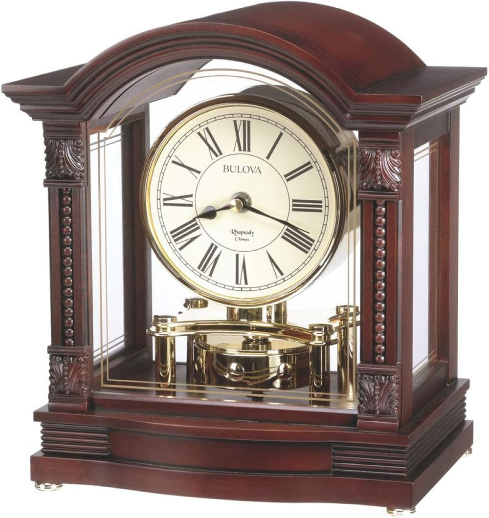 Bulova B1987 Bardwell Walnut Wood Chiming Anniversary Mantel Tabletop Clock