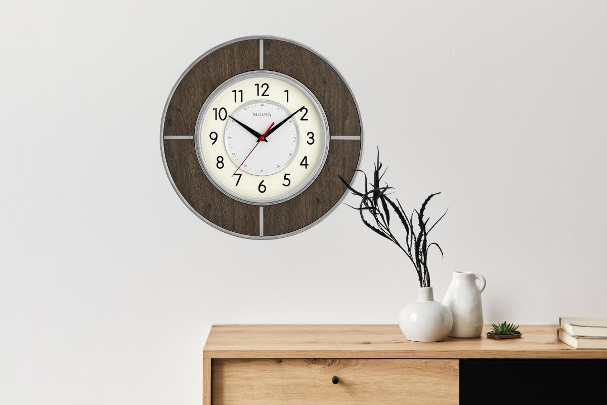 Bulova C4379 Contempo Modern Walnut Wall Clock