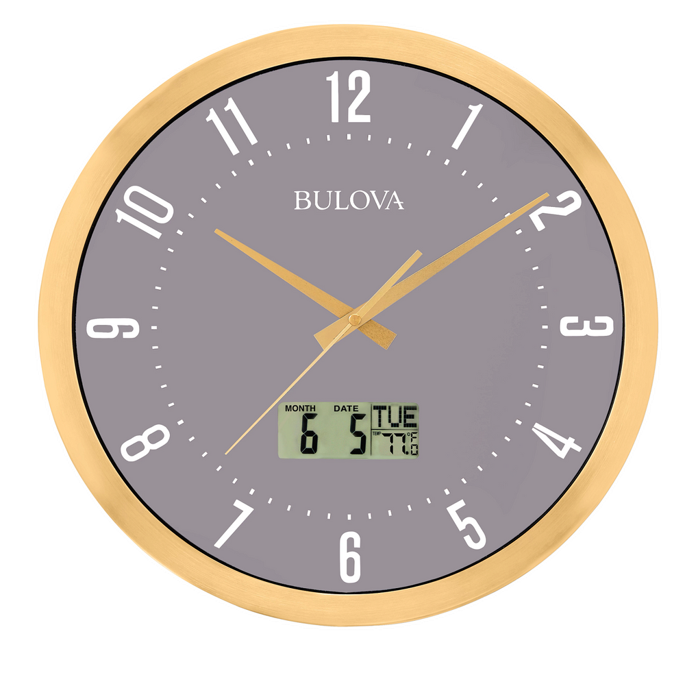 Bulova C4830 Lobby LCD Date and Temperature Gold-Tone 14" Wall Clock