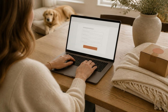 Filling in the Playful Tail return form on a laptop, a golden retriever resting nearby