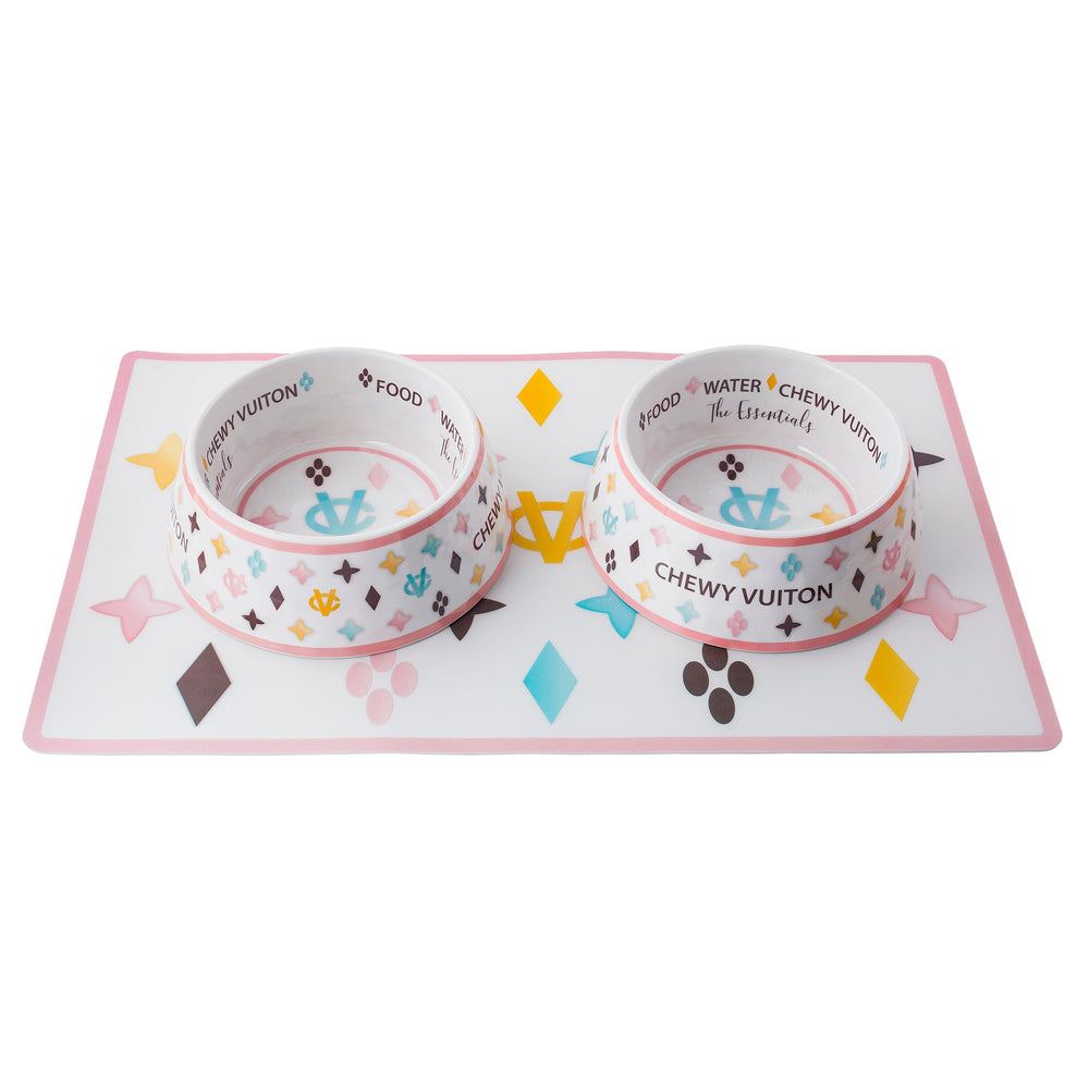 Haute Diggity Dog White Chewy Vuiton Bundle (Set of 2 Bowls & Mat)