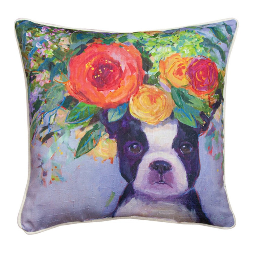 Dogs In Bloom Boston Throw Pillow 18" x 18" By Geoff Allen