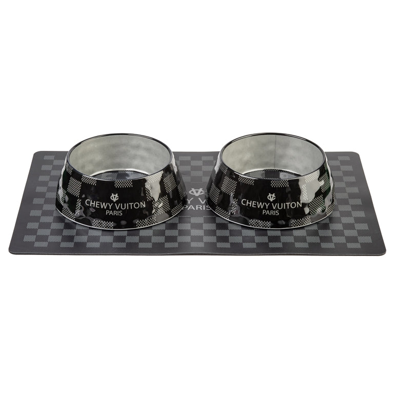 Haute Diggity Dog Black Checker Chewy Vuiton Bundle (Set of 2 Bowls & Mat)