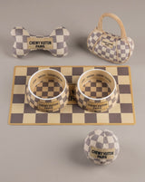 Haute Diggity Dog Tan Checker Chewy Vuiton Bundle (Set of 2 Bowls & Mat)